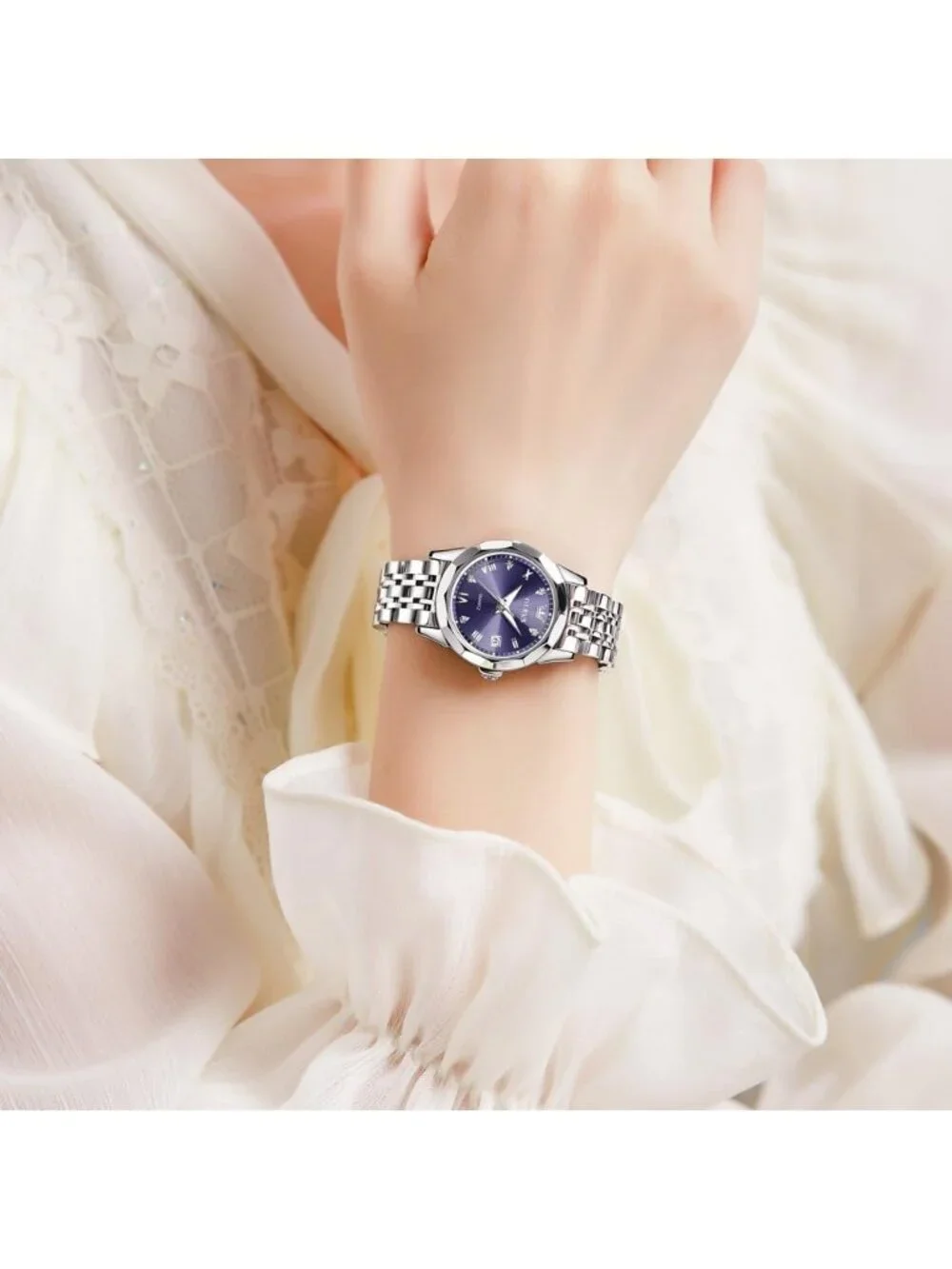 Women's Purple Diamond Silver Stainless Steel Waterproof Elegant Luxury Watch